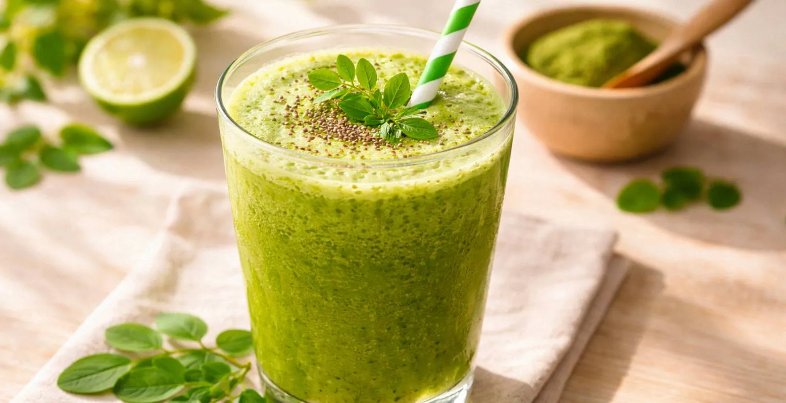 A creamy green smoothie in a glass