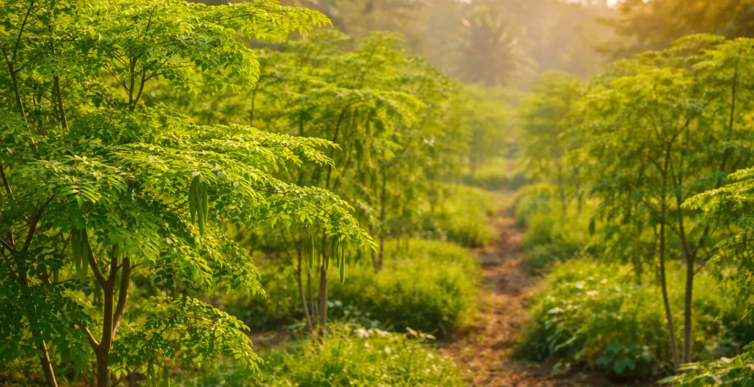 Lush moringa leaves at sunrise